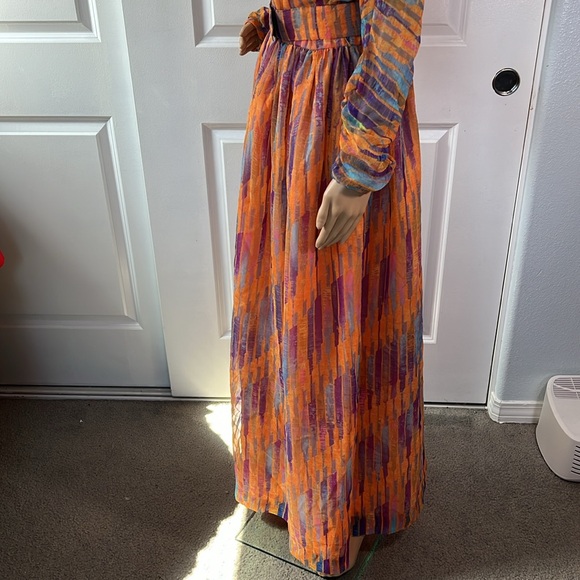 Vtg 60s 70s fabulous watercolor sheer overlay orange purple dress S - Picture 10 of 12